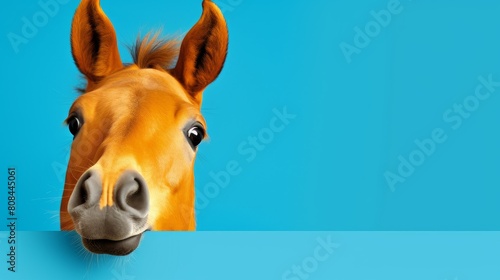 A playful horse with big eyes curiously peeks over a bright colored edge, Ai Generated