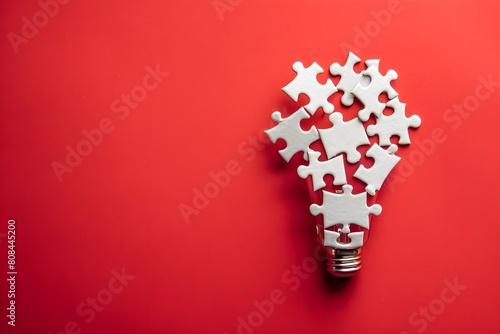 Light Bulb Made Out Of Puzzle Pieces On Red Background with Copy Space. Imagination Concept