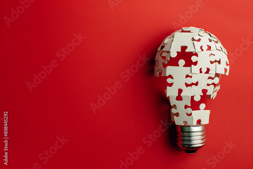 Light Bulb Made Out Of Puzzle Pieces On Red Background with Copy Space. Imagination Concept