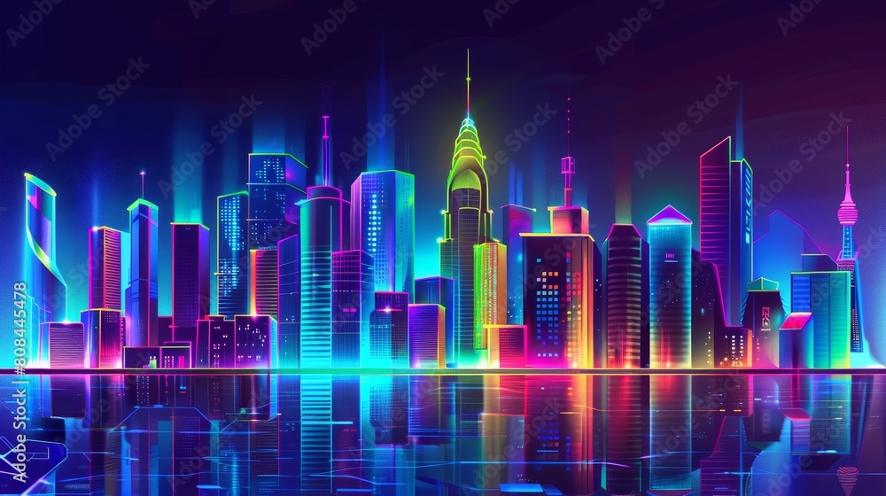 A skyline with a neon colored city at night, showing a cityscape with a vibrant reflection in a river, Ai Generated A skyline with a neon colored city at night, showing a cityscape with a vibrant reflection in a river, Ai Generated