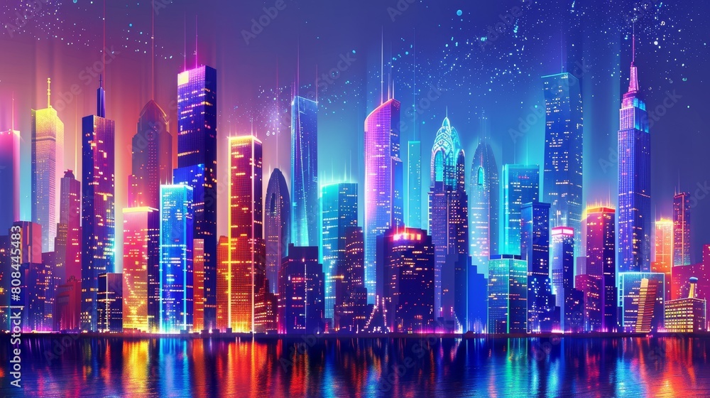 A skyline with a neon colored city at night, showing a cityscape with a vibrant reflection in a river, Ai Generated