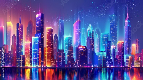 A skyline with a neon colored city at night  showing a cityscape with a vibrant reflection in a river  Ai Generated