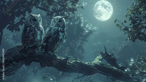 Mystical scene with two owls under the full moon in a foggy forest, exuding an aura of mystery and nature's quiet. photo