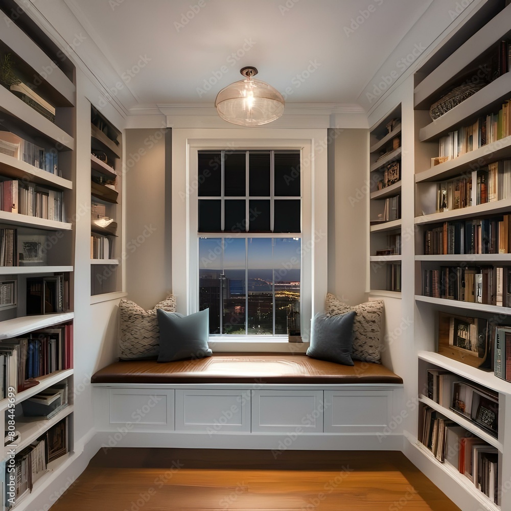 A cozy reading nook with a built-in bookcase, window seat, and task lighting4
