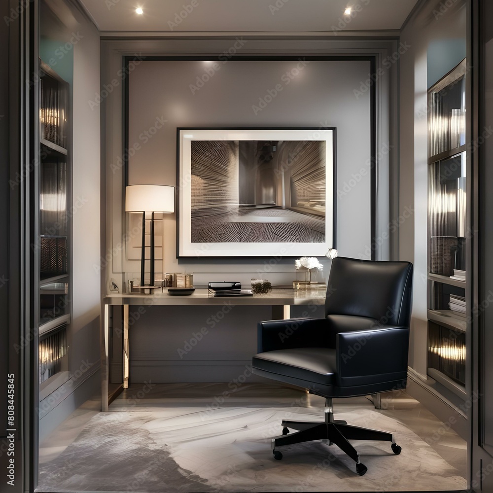 A stylish home office with a glass desk, leather chair, and abstract art4 A stylish home office with a glass desk, leather chair, and abstract art4