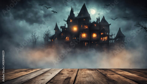 Halloween backdrop with fog bats and grungy castle