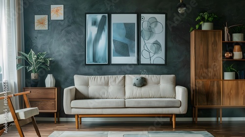 Contemporary Japanese living space featuring a plush mid-century sofa near a vintage wooden cabinet, set against a dark wall with abstract posters.
