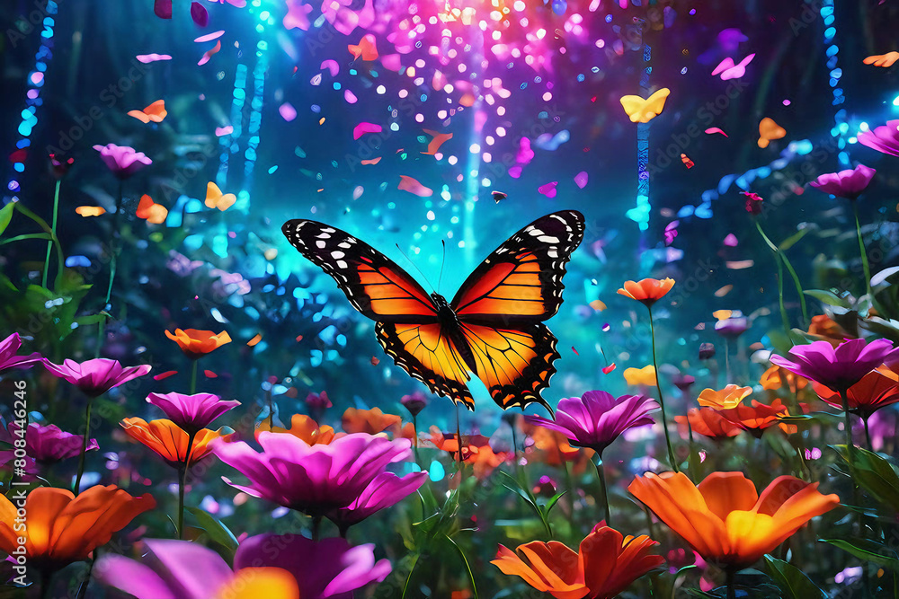 In a vibrant flower garden, a butterfly dances gracefully among enchanting petals against a futuristic cosmos backdrop