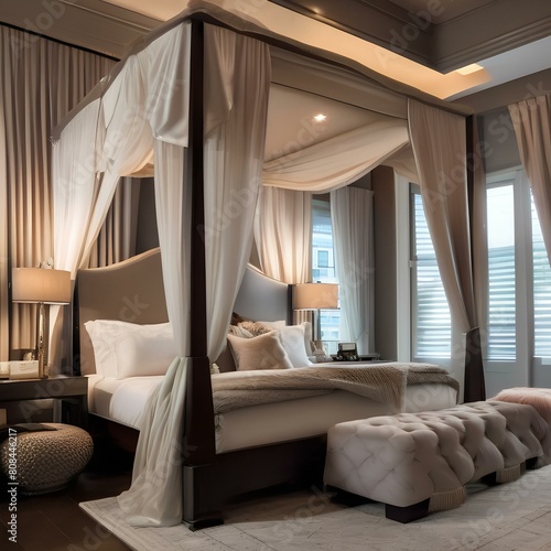 A cozy bedroom with a canopy bed  silk drapes  and a plush area rug4