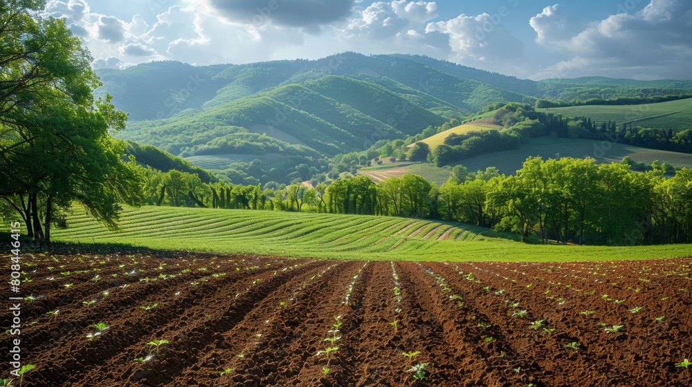 View of crops in spring, plowed fields and trees on green hillside，Vibrant Spring Landscape with Plowed Fields, Green Hills, and Trees - 4K HD Wallpaper