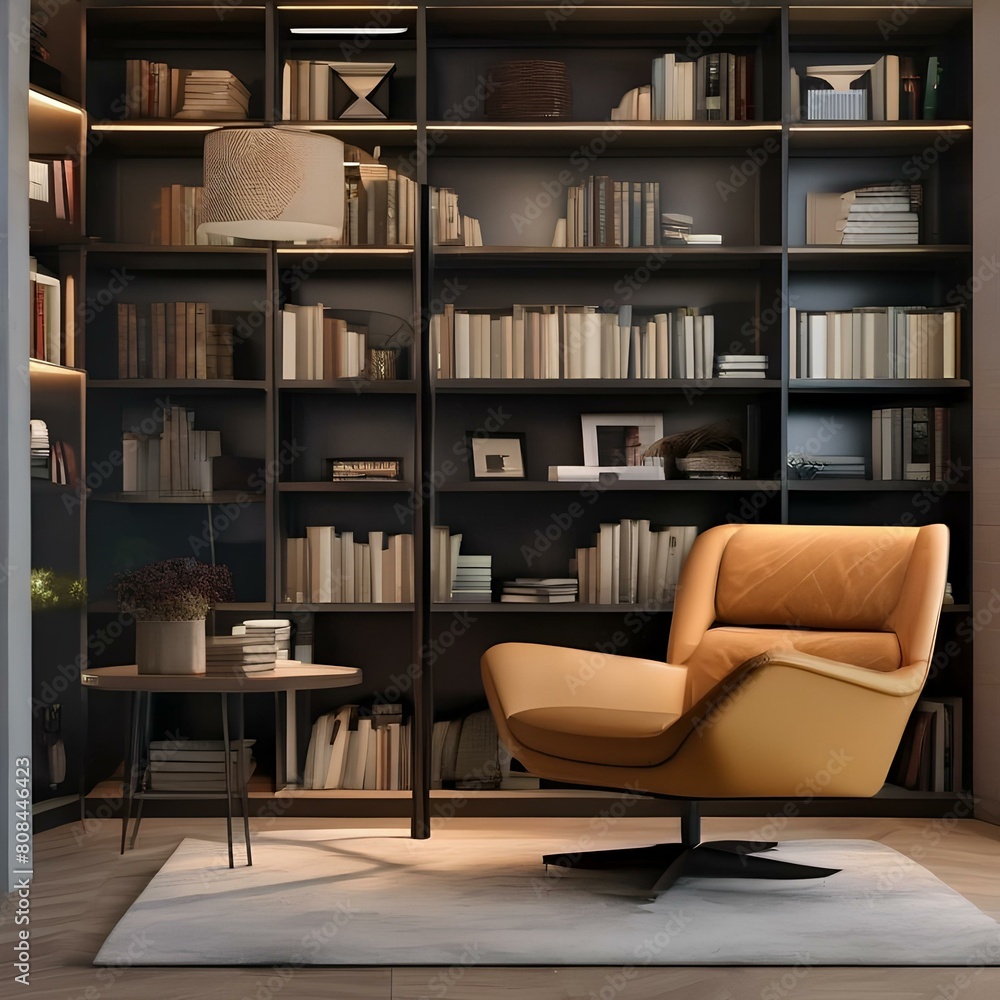 A cozy reading nook with a comfortable chair, floor lamp, and bookshelves1 A cozy reading nook with a comfortable chair, floor lamp, and bookshelves1