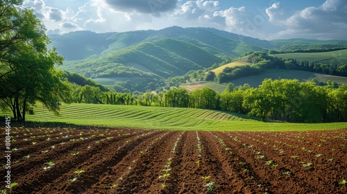 View of crops in spring  plowed fields and trees on green hillside   Vibrant Spring Landscape with Plowed Fields  Green Hills  and Trees - 4K HD Wallpaper