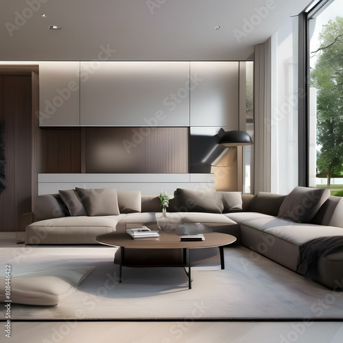 A modern living room with a sectional sofa, coffee table, and wall-mounted TV1