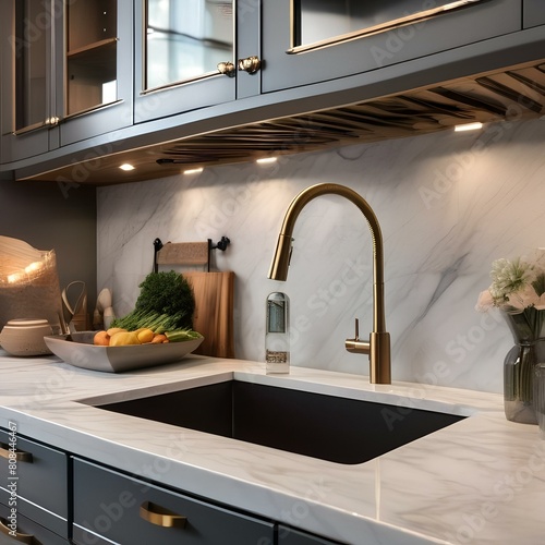 A spacious kitchen with a marble backsplash, farmhouse sink, and open shelving4
