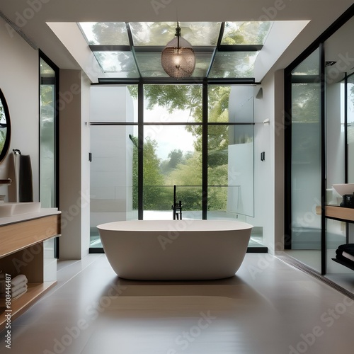 A minimalist bathroom with a freestanding tub, glass shower, and natural stone accents5