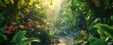 Explore a dynamic CG 3D scene with a tilted angle view showcasing a lush rainforest Implement vibrant, eye-catching colors and intricate detailing to emphasize environmental conservation Utilize innov