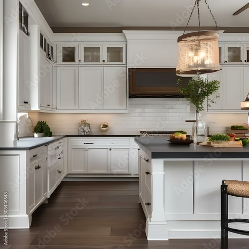 A spacious kitchen with a large island, farmhouse sink, and subway tile backsplash4