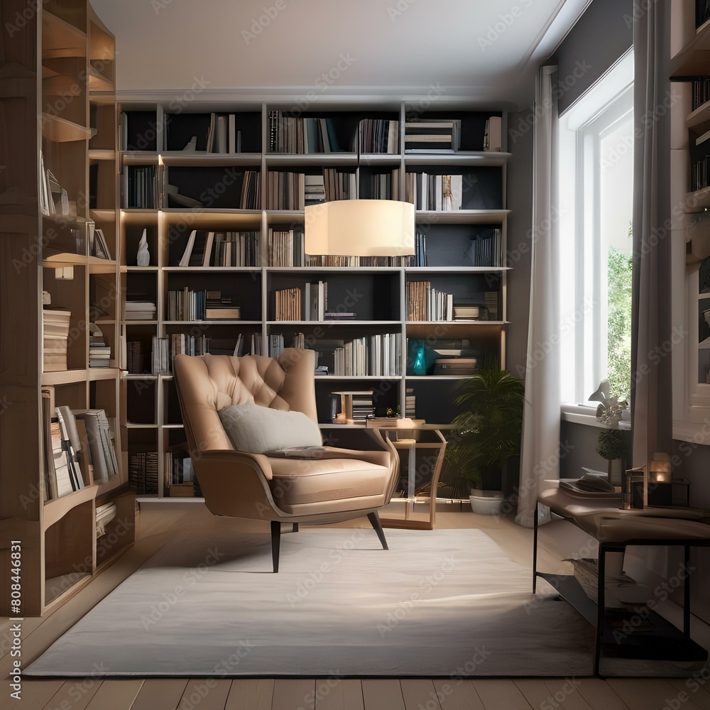 A cozy reading nook with a comfortable chair, floor lamp, and bookshelves5