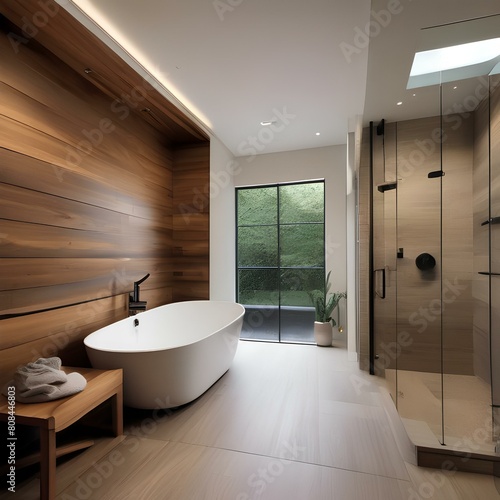 A spa-like bathroom with a soaking tub  rain shower  and natural wood accents1