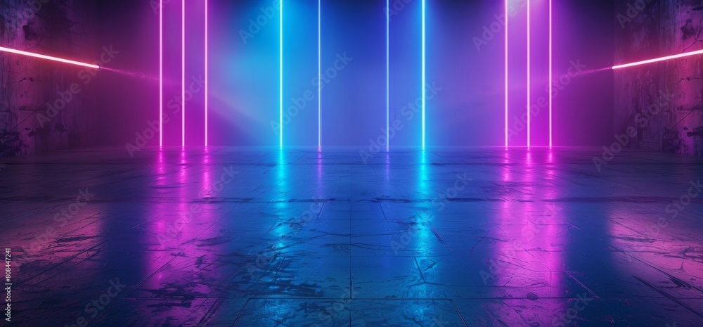 Abstract background with neon blue and purple glowing lines on dark concrete floor in empty room, modern light show in the style of a dance club or night club stage. Abstract background with neon blue and purple glowing lines on dark concrete floor in empty room, modern light show in the style of a dance club or night club stage.