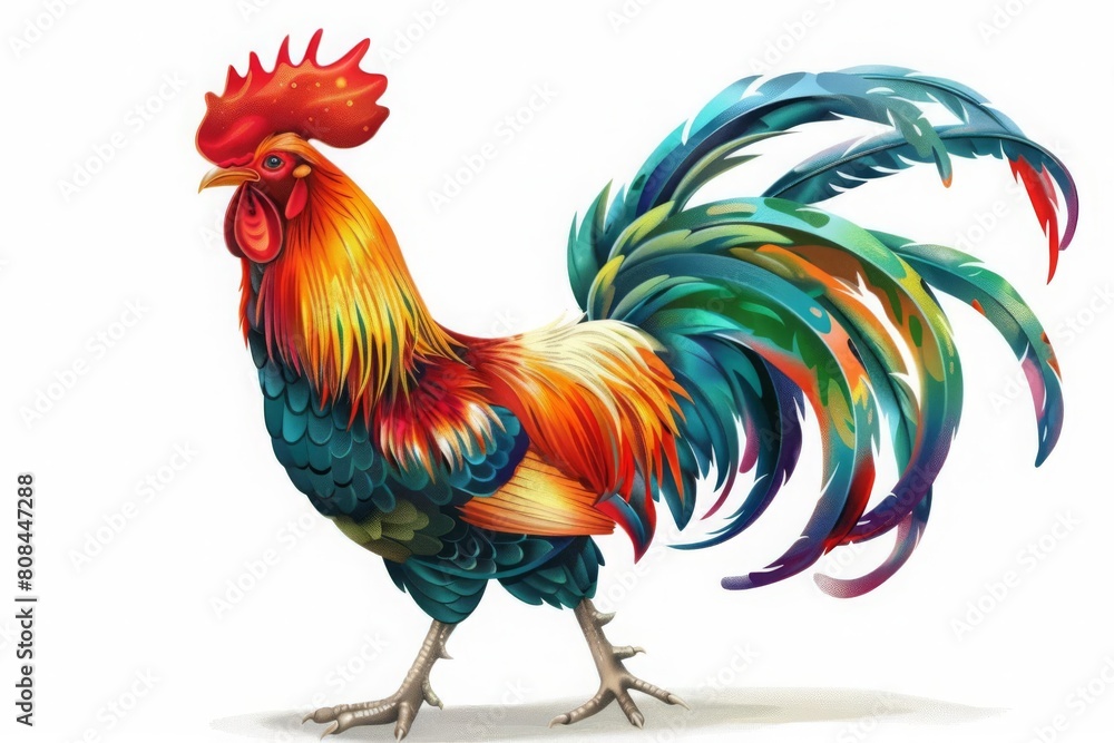 Fototapeta premium Merrygoround rooster, brightly colored feathers, isolated on a white background, perfect for die cut PNG style