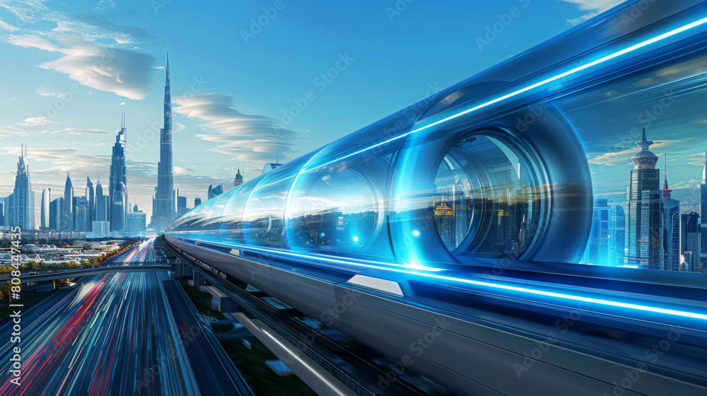 A futuristic hyperloop train speeding through a modern cityscape with towering skyscrapers and dynamic lighting. A futuristic hyperloop train speeding through a modern cityscape with towering skyscrapers and dynamic lighting.