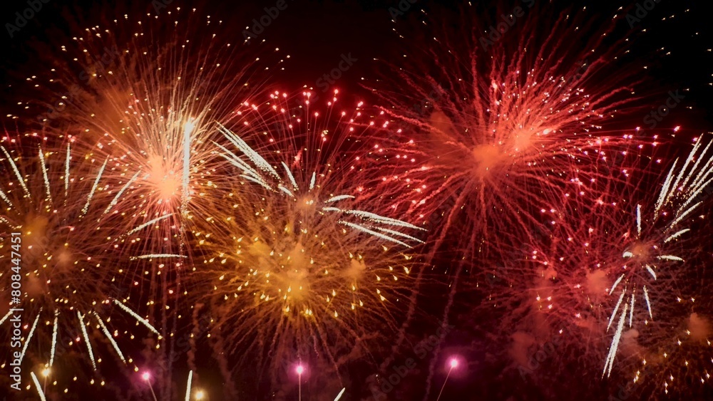 Red Firework celebrate anniversary happy new year 2024, 4th of july holiday festival. red firework in night time celebrate national holiday. Countdown to new year 2025 festival party time event Red Firework celebrate anniversary happy new year 2024, 4th of july holiday festival. red firework in night time celebrate national holiday. Countdown to new year 2025 festival party time event