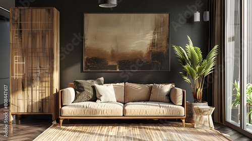 Japanese-inspired modern living room displaying a mid-century sofa next to a rustic wooden cabinet, framed by a dark wall adorned with striking art.