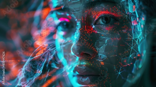 Female headshot, artificial Cyber-girl closeup portrait , digital face with colorful brain neuro network detailed futuristic robot on dark background,Generative AI