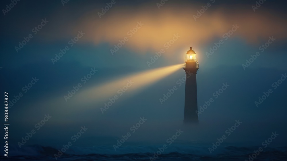 A lighthouse is lit up in the fog A lighthouse is lit up in the fog