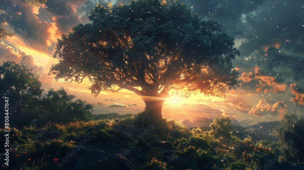 A breathtaking view of a lone tree set against a vivid cosmic sunset, evoking wonder and mystery. A breathtaking view of a lone tree set against a vivid cosmic sunset, evoking wonder and mystery.