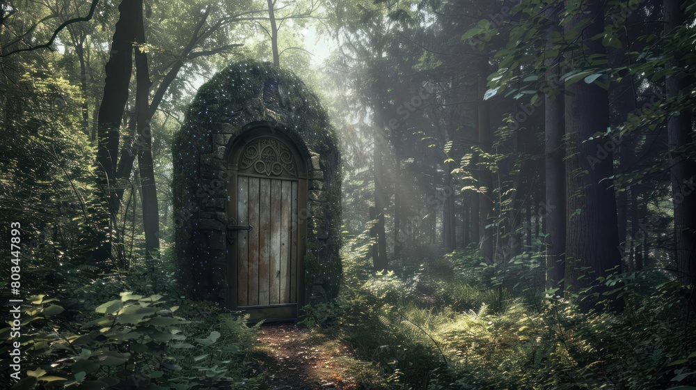 A small hut with a wooden door sits in a forest