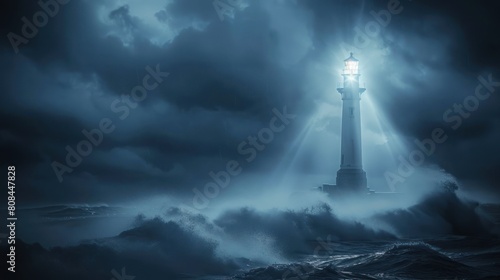 A lighthouse is lit up in the dark, stormy sea