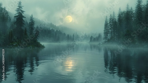 Mysterious, 16384K, HD, high quality, Photoreal, Looks like it was taken with a Kodak, beautiful moon, thin fog, in the deep forest and lake, by ryo, high resolution