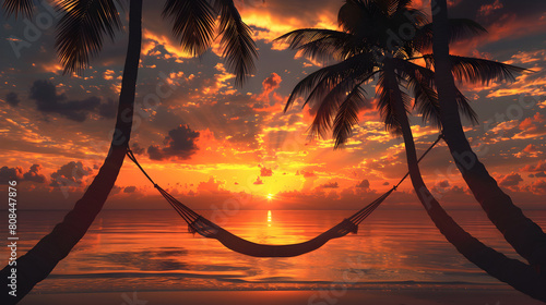 Charming Tropical Beach Sunset with Swinging Hammock and Silhouetted Palm Trees