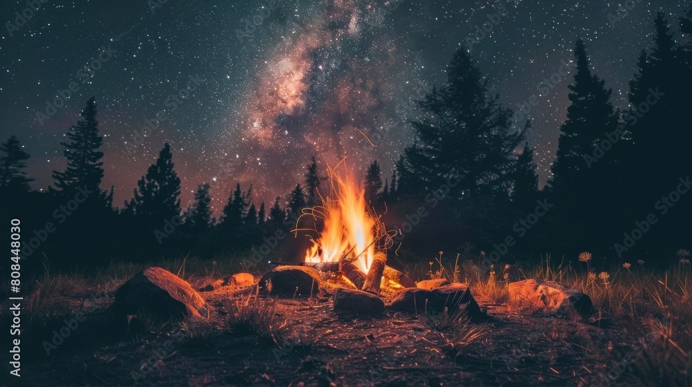 A fire is burning in a wood pile in the woods A fire is burning in a wood pile in the woods
