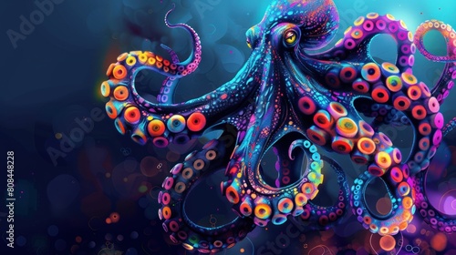 octopus doodle with neon light decoration background colorfull gradients.Generative AI