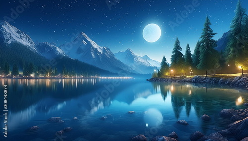 beautiful, serene and tranquil lake at night © Nu Ai generated imag