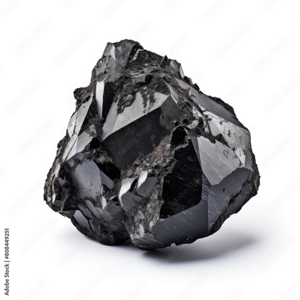 A shiny schorl nugget with a smooth, glossy surface and deep black hue, isolated on a white background, Ai Generated