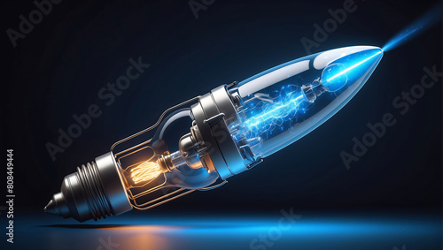 A close up of a combination of a light bulb with a rocket, realistic 3D render on a dark light background