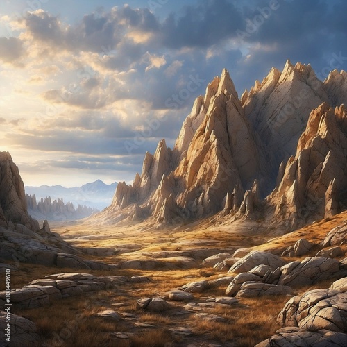 A dramatic landscape featuring rugged