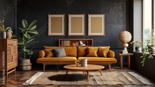 Warm-toned living room with a mid-century modern sofa beside a textured wooden cabinet, all backed by a dark wall featuring striking poster frames.