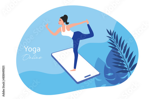 Healthy woman doing yoga exercise at home vector illustration. Healthy lifestyle  stay home  stay healthy concept   