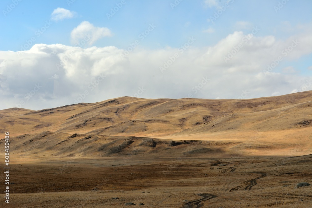 Fototapeta premium A ridge of high winding hills on the edge of the autumn steppe on a sunny day.