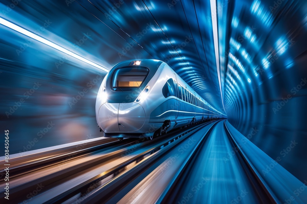 Highspeed train in motion, futuristic concept with blue lights and speed lines. Hightech vehicle on highway tunnel background.