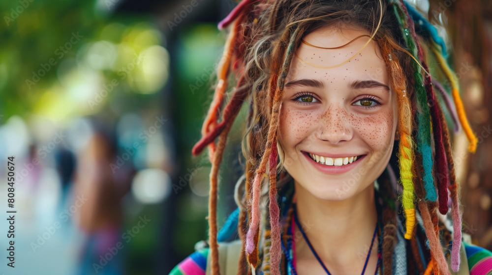 A charming smiling teenage girl with freckles and dreadlocks. a friendly teenager. a self-expressing teenager.. A charming smiling teenage girl with freckles and dreadlocks. a friendly teenager. a self-expressing teenager..