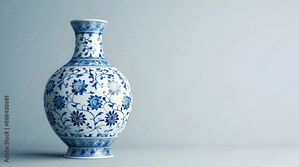 Traditional blue and white vase with intricate floral patterns against a clean background. Traditional blue and white vase with intricate floral patterns against a clean background.