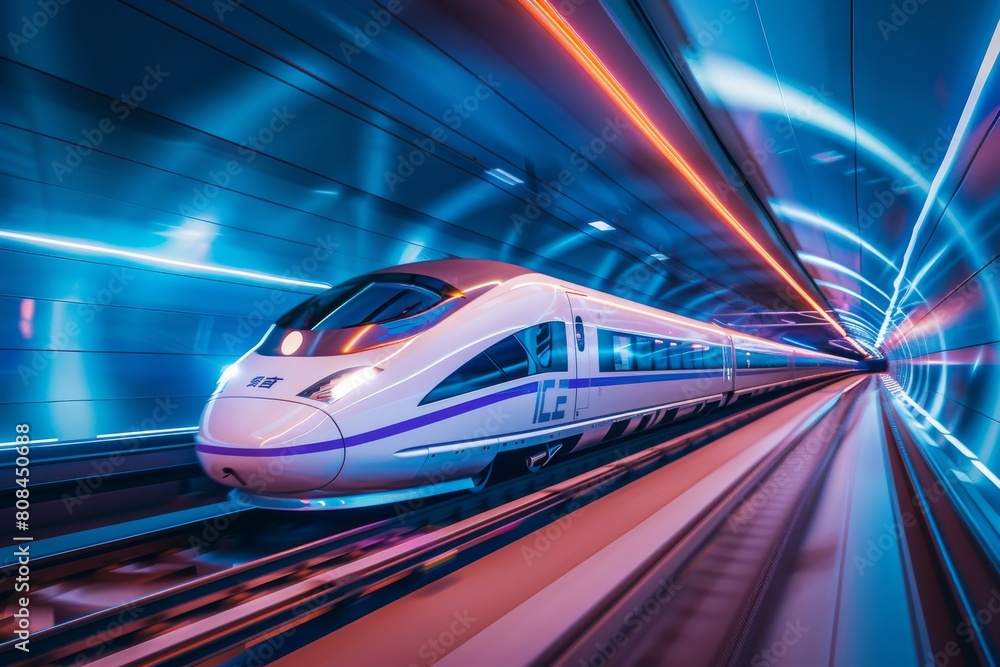 Fototapeta premium Highspeed train in motion, futuristic concept with blue lights and speed lines. Hightech vehicle on highway tunnel background.