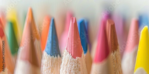 close up shot of the pencils, showcasing their colorful tips and shades, generative AI