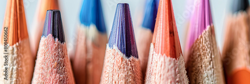 close up shot of the pencils, showcasing their colorful tips and shades, generative AI photo